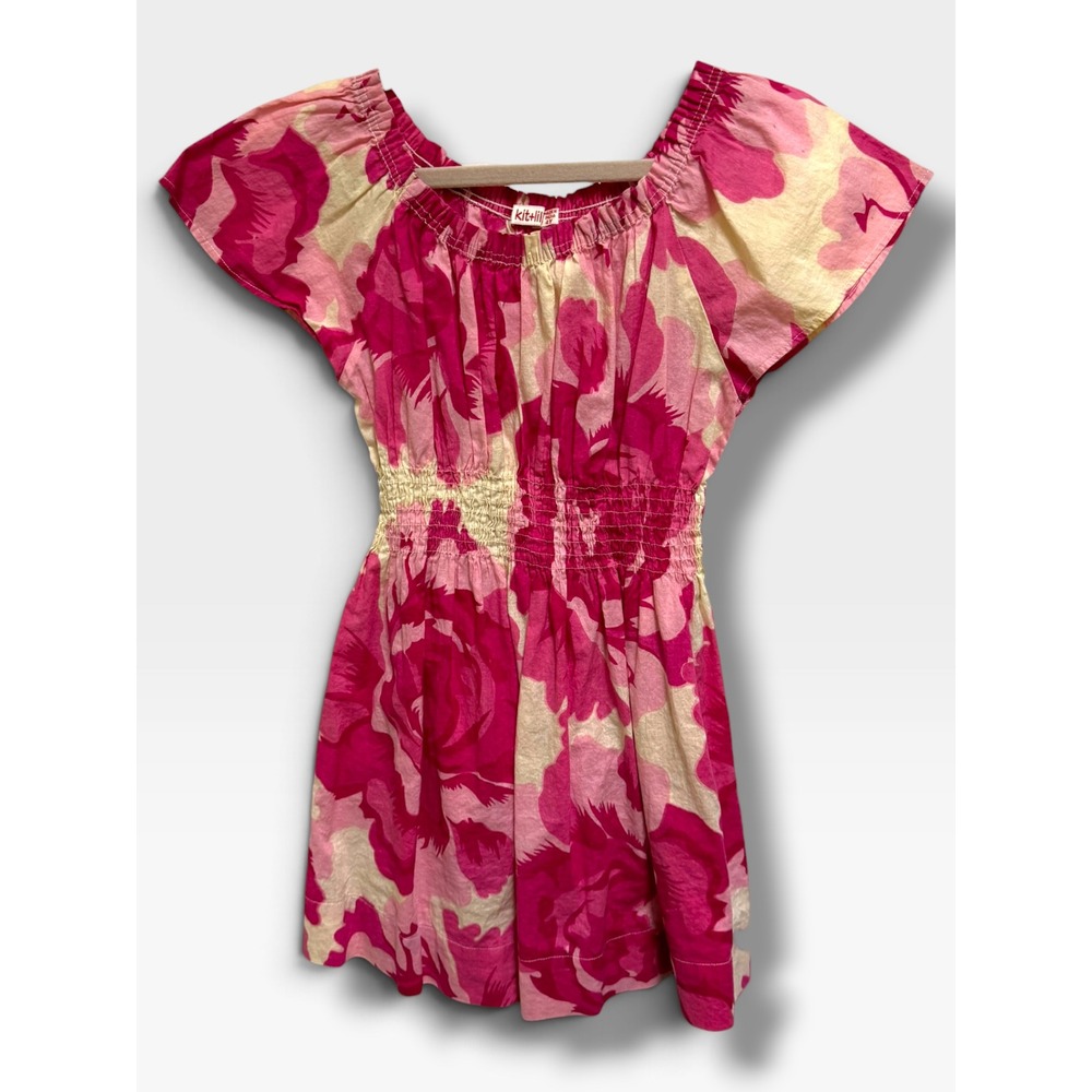 Kit+Lili Girls Pink Floral Cotton Smocked Flutter Sleeve Dress 4Y